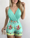 2025 Mulheres Camisa Colete + Shorts Conjuntos de 2 Peças 2025 Verão Sexy Slim Feminino Decote em V Planta Estampa Calças Curtas Ternos Com Cinto S - XXL - SHAMYS ONLINE SHOPPING