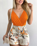 2025 Mulheres Camisa Colete + Shorts Conjuntos de 2 Peças 2025 Verão Sexy Slim Feminino Decote em V Planta Estampa Calças Curtas Ternos Com Cinto S - XXL - SHAMYS ONLINE SHOPPING