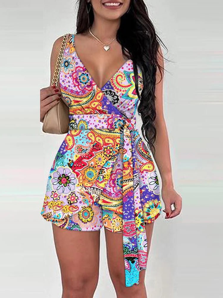 2025 Primavera Verão Moda Floral Slim Casual Conjuntos de Duas Peças Elegantes Mulheres Sexy Decote em V Sem Mangas Envoltório Renda Top e Shorts Conjunto - SHAMYS ONLINE SHOPPING