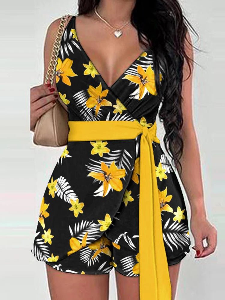 2025 Primavera Verão Moda Floral Slim Casual Conjuntos de Duas Peças Elegantes Mulheres Sexy Decote em V Sem Mangas Envoltório Renda Top e Shorts Conjunto - SHAMYS ONLINE SHOPPING