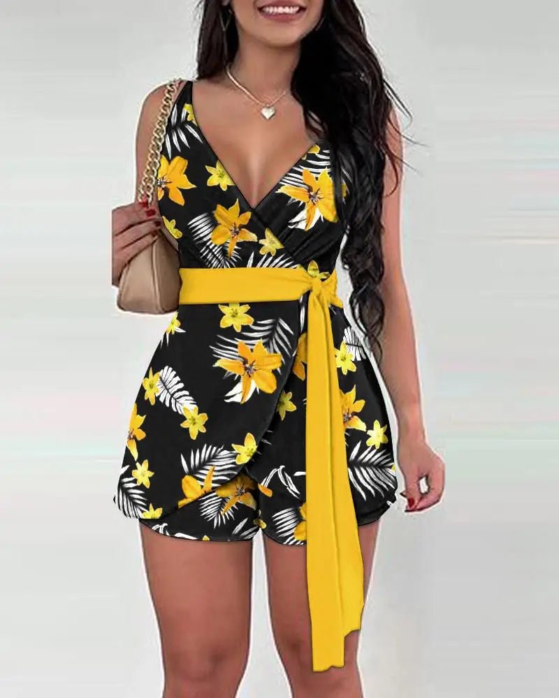 2025 Primavera Verão Moda Floral Slim Casual Conjuntos de Duas Peças Elegantes Mulheres Sexy Decote em V Sem Mangas Envoltório Renda Top e Shorts Conjunto - SHAMYS ONLINE SHOPPING
