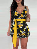 2025 Primavera Verão Moda Floral Slim Casual Conjuntos de Duas Peças Elegantes Mulheres Sexy Decote em V Sem Mangas Envoltório Renda Top e Shorts Conjunto - SHAMYS ONLINE SHOPPING