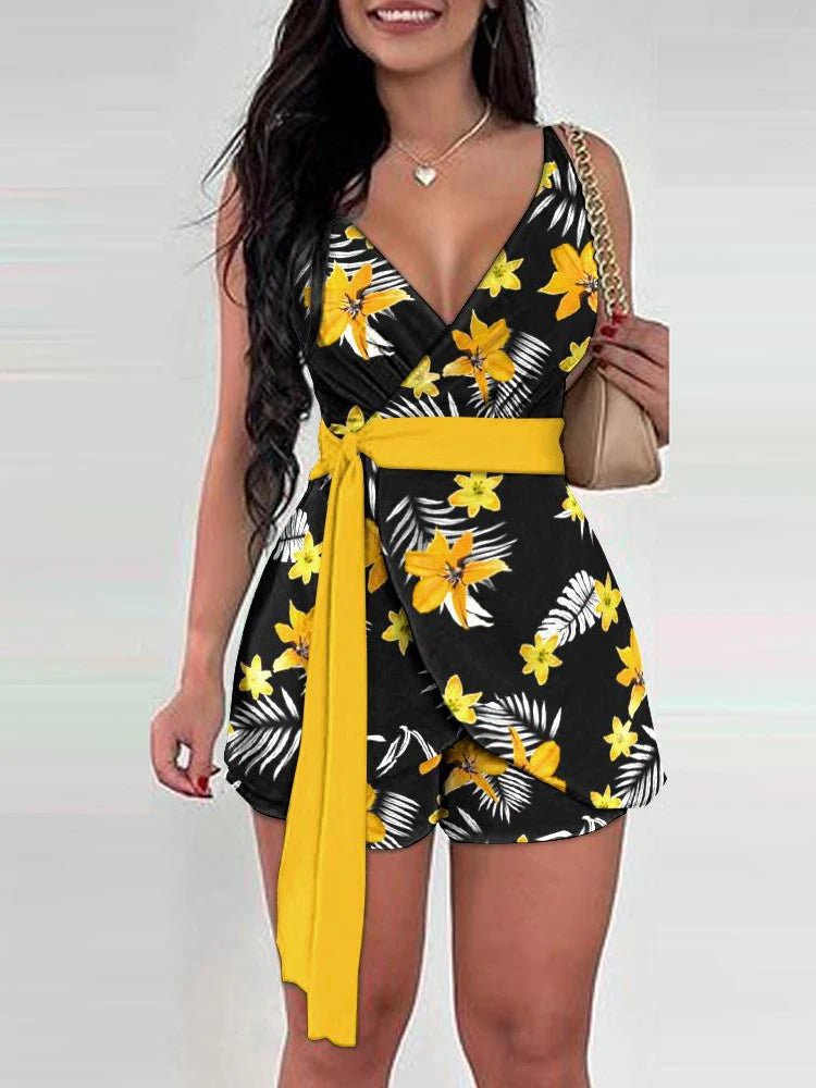 2025 Primavera Verão Moda Floral Slim Casual Conjuntos de Duas Peças Elegantes Mulheres Sexy Decote em V Sem Mangas Envoltório Renda Top e Shorts Conjunto - SHAMYS ONLINE SHOPPING