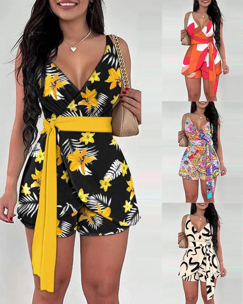 2025 Primavera Verão Moda Floral Slim Casual Conjuntos de Duas Peças Elegantes Mulheres Sexy Decote em V Sem Mangas Envoltório Renda Top e Shorts Conjunto - SHAMYS ONLINE SHOPPING
