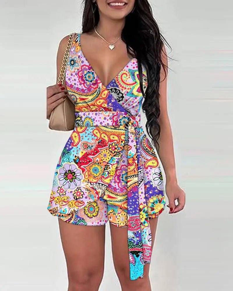 2025 Primavera Verão Moda Floral Slim Casual Conjuntos de Duas Peças Elegantes Mulheres Sexy Decote em V Sem Mangas Envoltório Renda Top e Shorts Conjunto - SHAMYS ONLINE SHOPPING