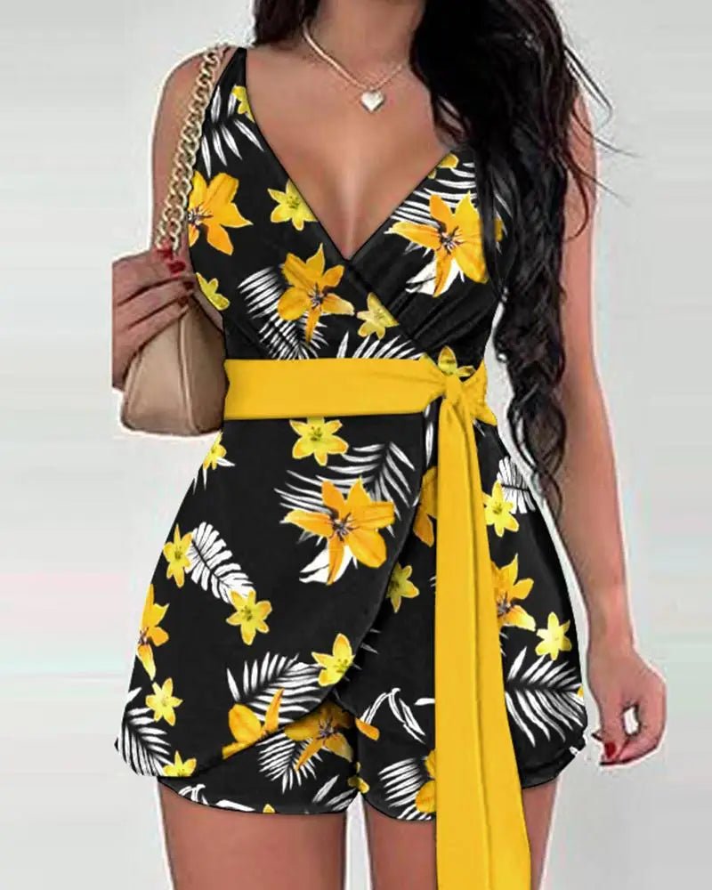 2025 Primavera Verão Moda Floral Slim Casual Conjuntos de Duas Peças Elegantes Mulheres Sexy Decote em V Sem Mangas Envoltório Renda Top e Shorts Conjunto - SHAMYS ONLINE SHOPPING