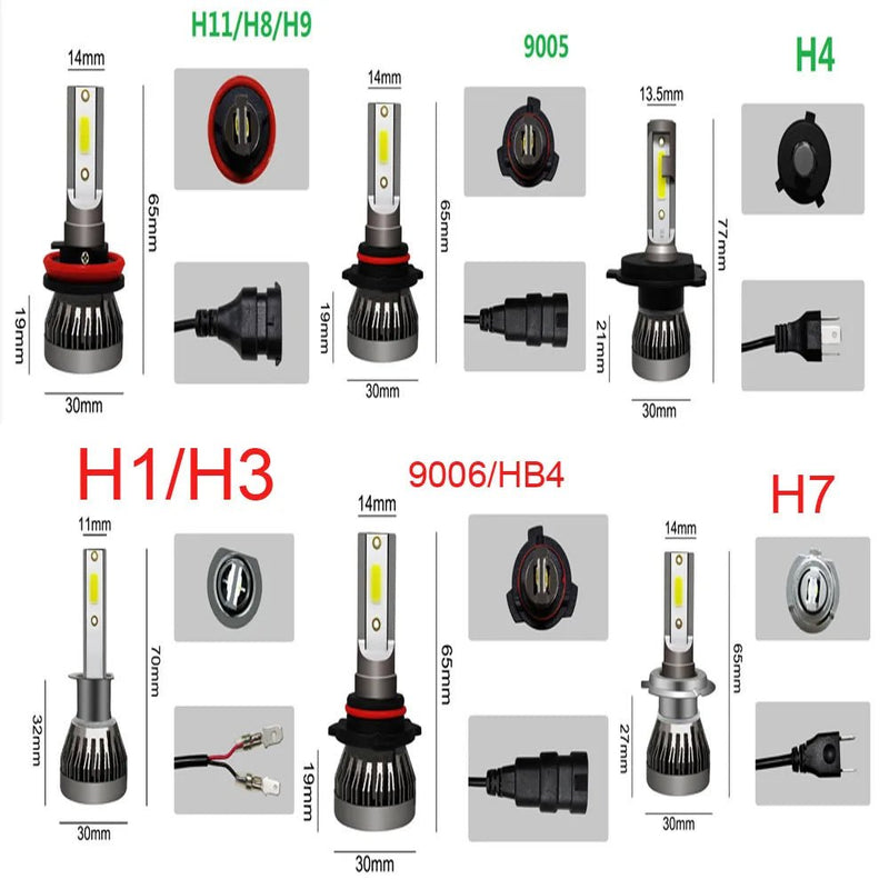2Pcs LED H4 H7 Farol de carro H1 Lâmpada LED H8 H11 9005 HB3 9006 HB4 9004 HB1 H3 HB5 H13 Luzes Led 20000LM Turbo lâmpada 12V - SHAMYS ONLINE SHOPPING
