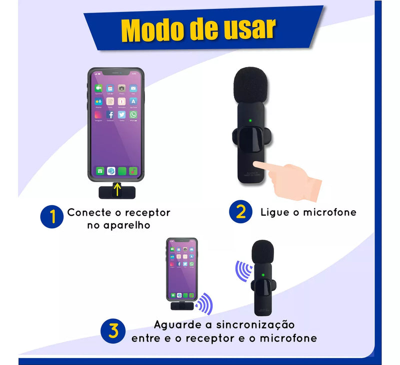 Basix 2.4G Microfone de lapela sem fio portátil para gravação de áudio e vídeo para iPhone e Androide