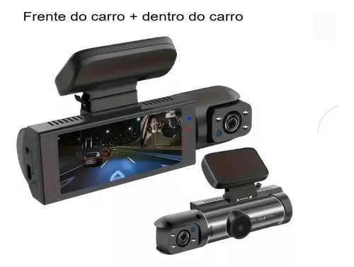 Dash Cam 1280p com Visão Noturna e Gravação em Loop - Câmera Dupla Grande Angular