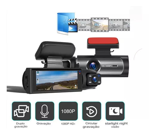 Dash Cam 1280p com Visão Noturna e Gravação em Loop - Câmera Dupla Grande Angular