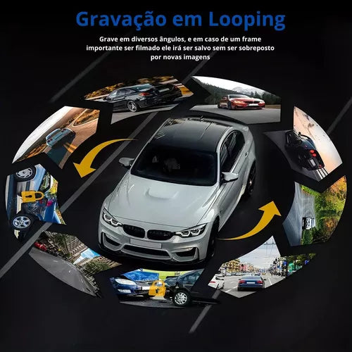 Dash Cam 1280p com Visão Noturna e Gravação em Loop - Câmera Dupla Grande Angular