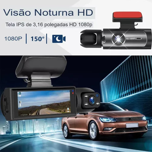 Dash Cam 1280p com Visão Noturna e Gravação em Loop - Câmera Dupla Grande Angular