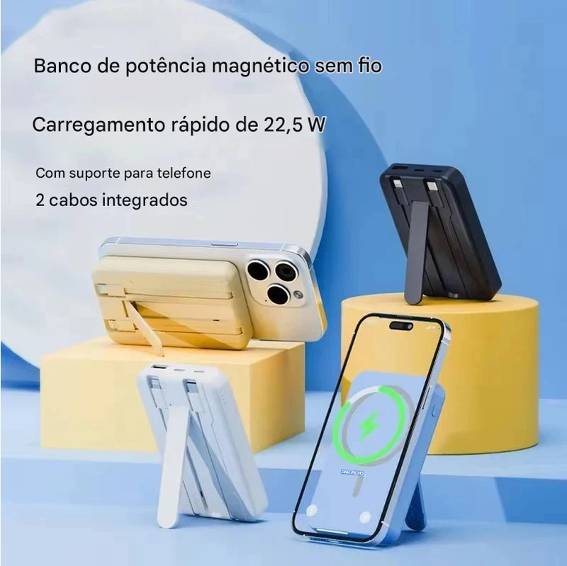 Power Bank magnético para carregamento rápido Power Bank sem fio com suporte para cabo