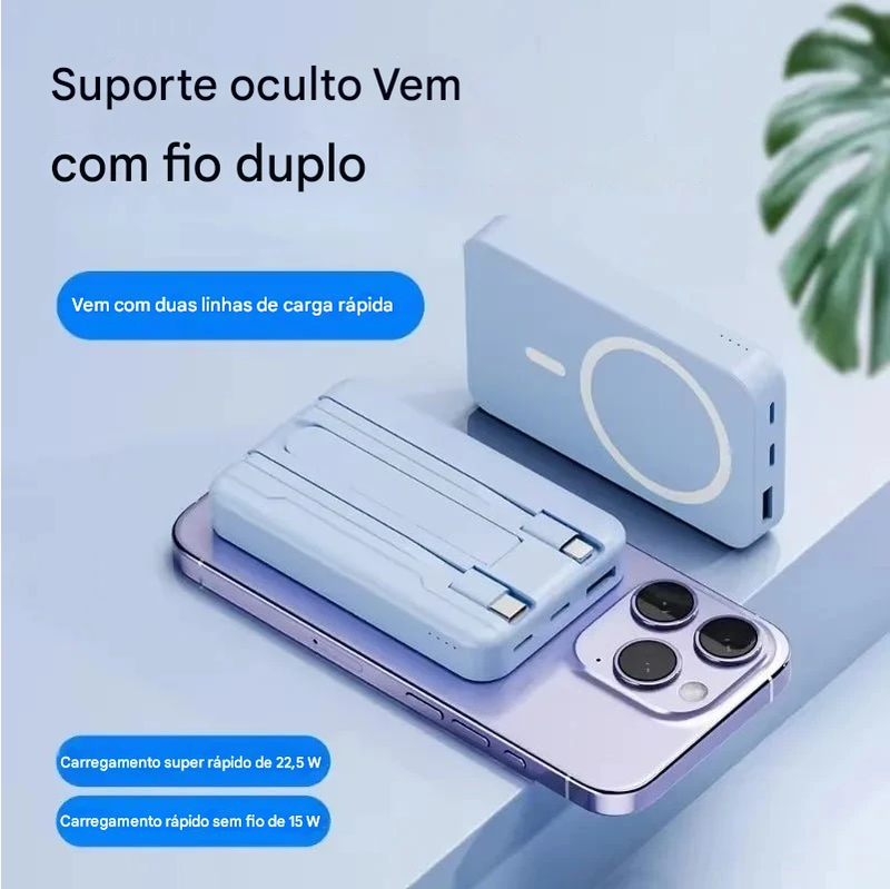 Power Bank magnético para carregamento rápido Power Bank sem fio com suporte para cabo