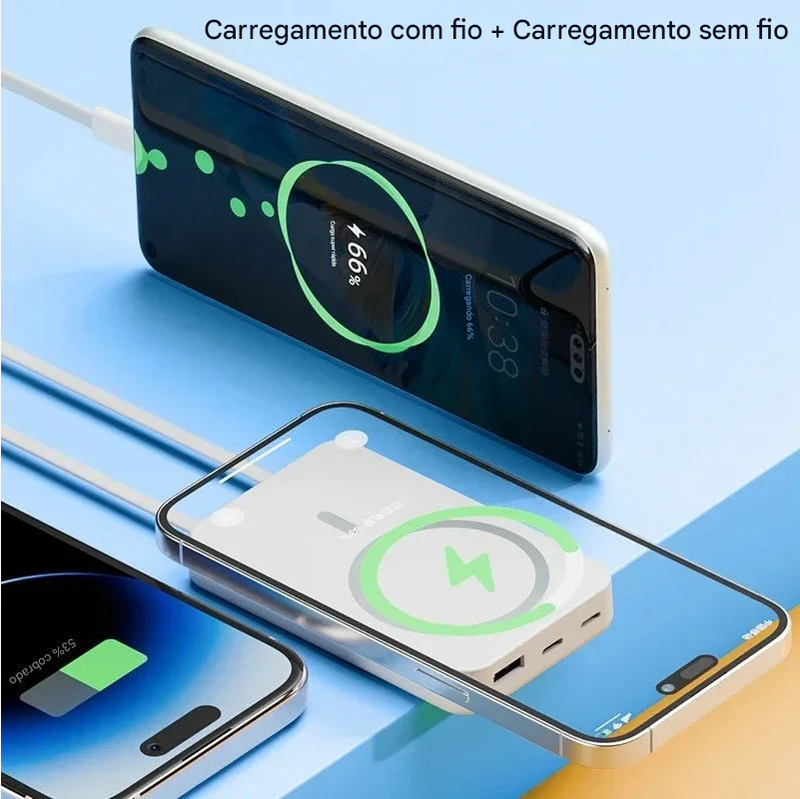 Power Bank magnético para carregamento rápido Power Bank sem fio com suporte para cabo
