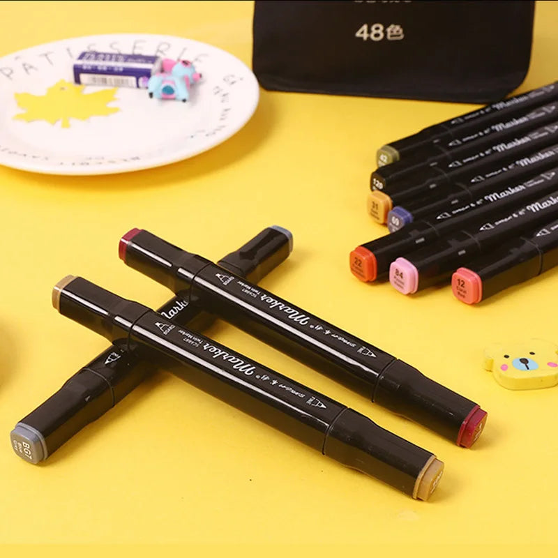 Conjunto de canetas marcadoras coloridas oleosas com ponta dupla, tinta artística, pincel de manga para meninas, crianças, escritório, escola, material de papelaria
