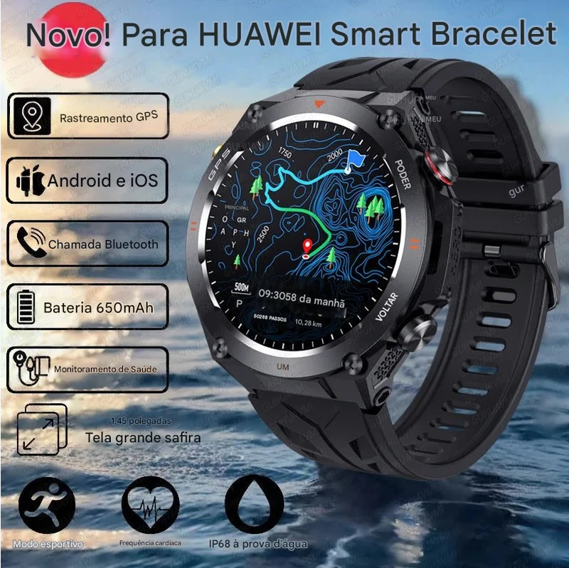 Novo HUAWEI GPS SmartWatch HD 412*412 Tela AMOLED Frequência cardíaca Bluetooth Chamada IP68 À prova d'água Pulseira inteligente