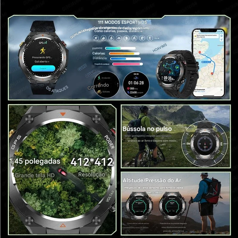 Novo HUAWEI GPS SmartWatch HD 412*412 Tela AMOLED Frequência cardíaca Bluetooth Chamada IP68 À prova d'água Pulseira inteligente