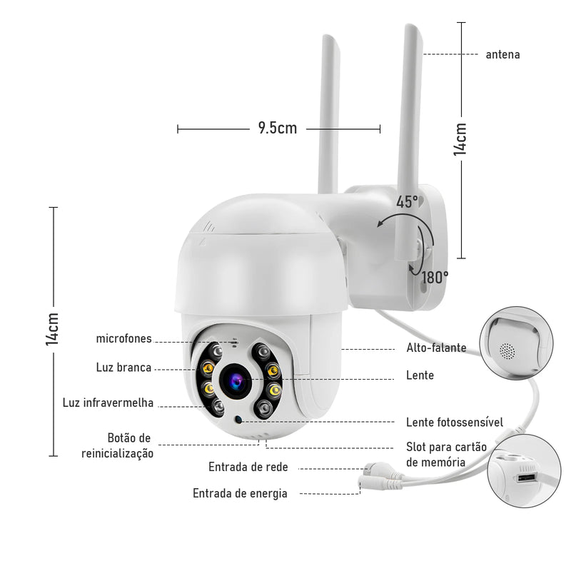 Câmera IP Externa Wi-fi Rotativa, fácil de utilizar, rotação 360º, longo alcance.