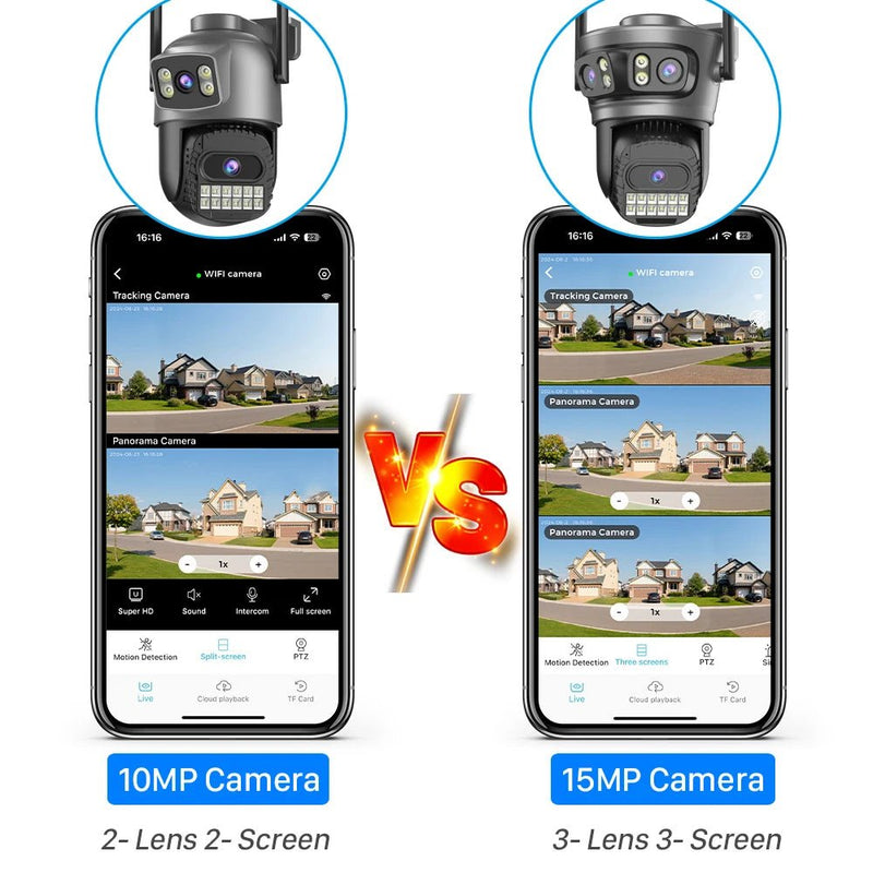 Câmera IP WIFI de três lentes HD de 15 MP 6K para áreas externas 4K com telas duplas Câmera PTZ com detecção humana por IA Câmera de segurança de vídeo CCTV à prova d'água - SHAMYS ONLINE SHOPPING
