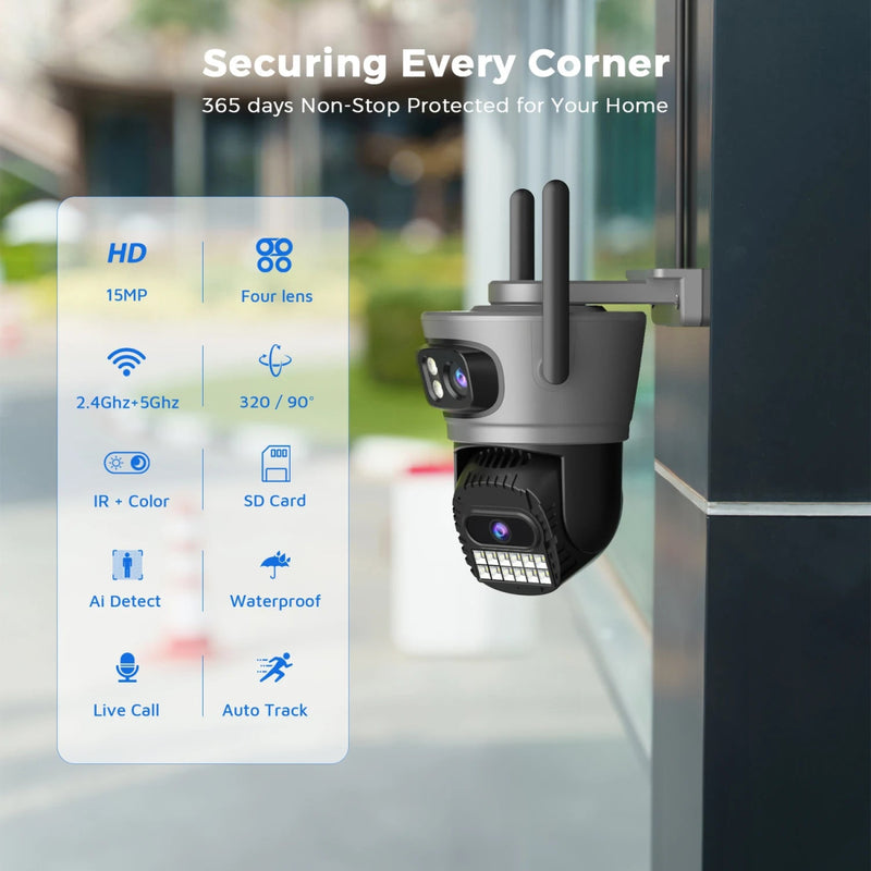 Câmera IP WIFI de três lentes HD de 15 MP 6K para áreas externas 4K com telas duplas Câmera PTZ com detecção humana por IA Câmera de segurança de vídeo CCTV à prova d'água - SHAMYS ONLINE SHOPPING