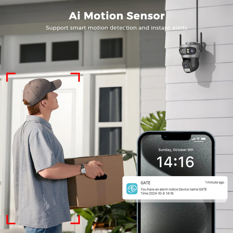 Câmera IP WIFI de três lentes HD de 15 MP 6K para áreas externas 4K com telas duplas Câmera PTZ com detecção humana por IA Câmera de segurança de vídeo CCTV à prova d'água - SHAMYS ONLINE SHOPPING