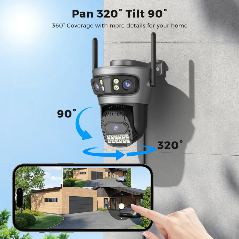 Câmera IP WIFI de três lentes HD de 15 MP 6K para áreas externas 4K com telas duplas Câmera PTZ com detecção humana por IA Câmera de segurança de vídeo CCTV à prova d'água - SHAMYS ONLINE SHOPPING