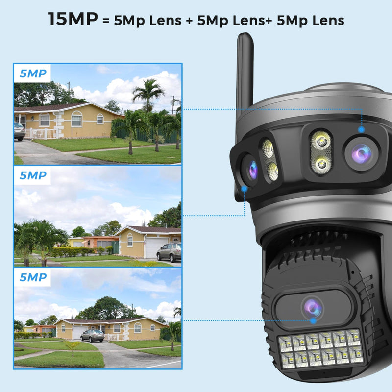 Câmera IP WIFI de três lentes HD de 15 MP 6K para áreas externas 4K com telas duplas Câmera PTZ com detecção humana por IA Câmera de segurança de vídeo CCTV à prova d'água - SHAMYS ONLINE SHOPPING