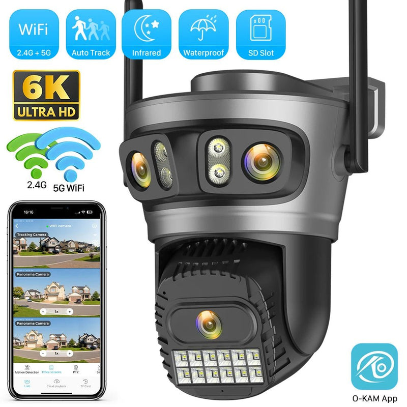 Câmera IP WIFI de três lentes HD de 15 MP 6K para áreas externas 4K com telas duplas Câmera PTZ com detecção humana por IA Câmera de segurança de vídeo CCTV à prova d'água - SHAMYS ONLINE SHOPPING