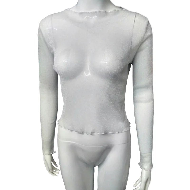 Camiseta de manga comprida de malha sexy feminina 2025 verão transparente - SHAMYS ONLINE SHOPPING