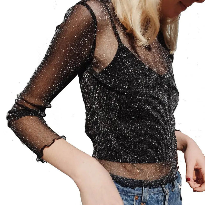 Camiseta de manga comprida de malha sexy feminina 2025 verão transparente - SHAMYS ONLINE SHOPPING