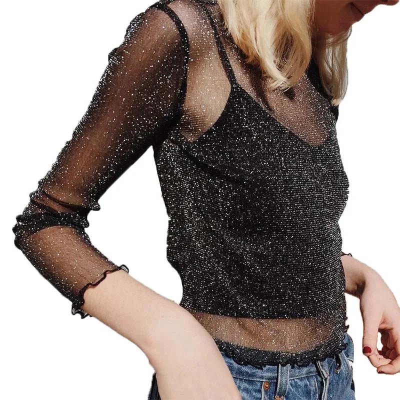 Camiseta de manga comprida de malha sexy feminina 2025 verão transparente - SHAMYS ONLINE SHOPPING