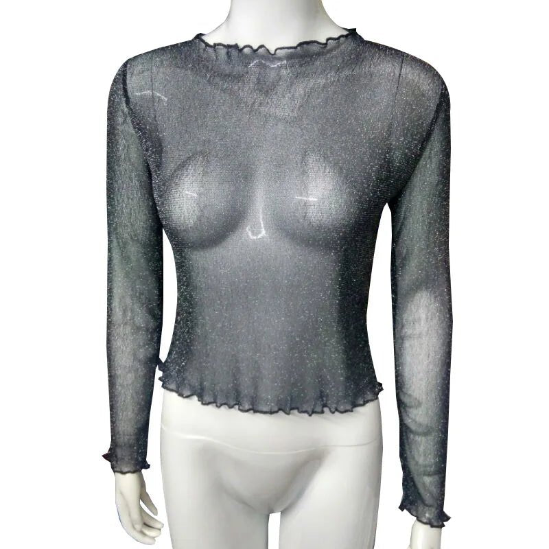 Camiseta de manga comprida de malha sexy feminina 2025 verão transparente - SHAMYS ONLINE SHOPPING