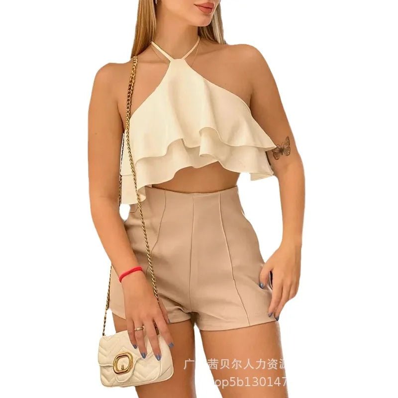 Conjuntos femininos de duas peças, novo conjunto de shorts com alça e gola com babados para mulheres - SHAMYS ONLINE SHOPPING