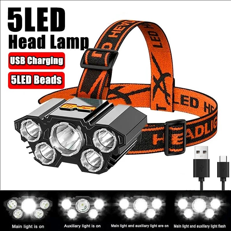 Lanterna laser Max de cabeça, recarregável com 5 LEDs, lanterna de cabeça USB, para acampamento, pesca e emergências ao ar livre em casa - SHAMYS ONLINE SHOPPING
