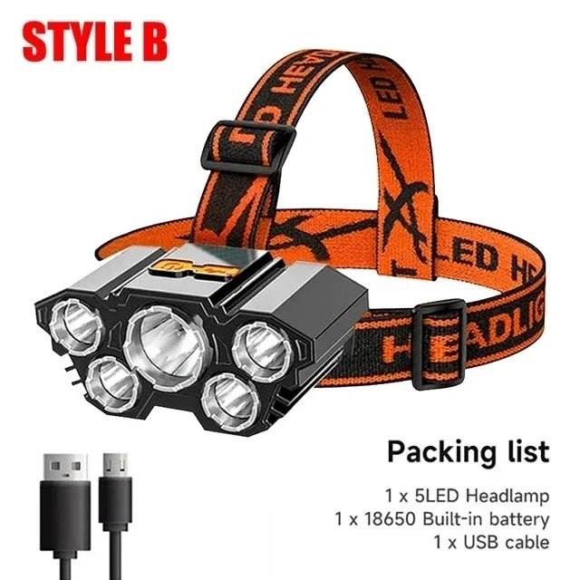Lanterna laser Max de cabeça, recarregável com 5 LEDs, lanterna de cabeça USB, para acampamento, pesca e emergências ao ar livre em casa - SHAMYS ONLINE SHOPPING