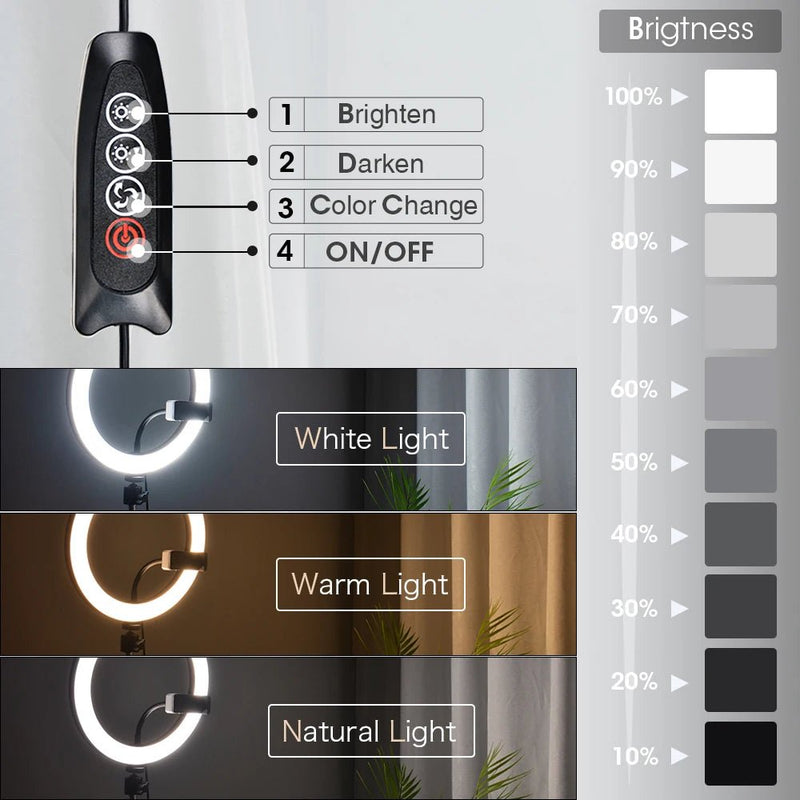 Luz LED para fotografia, anel de luz para selfie, lâmpada com tripé para suporte de telefone, lâmpada fotográfica, anel de luz para transmissão de vídeo ao vivo - SHAMYS ONLINE SHOPPING
