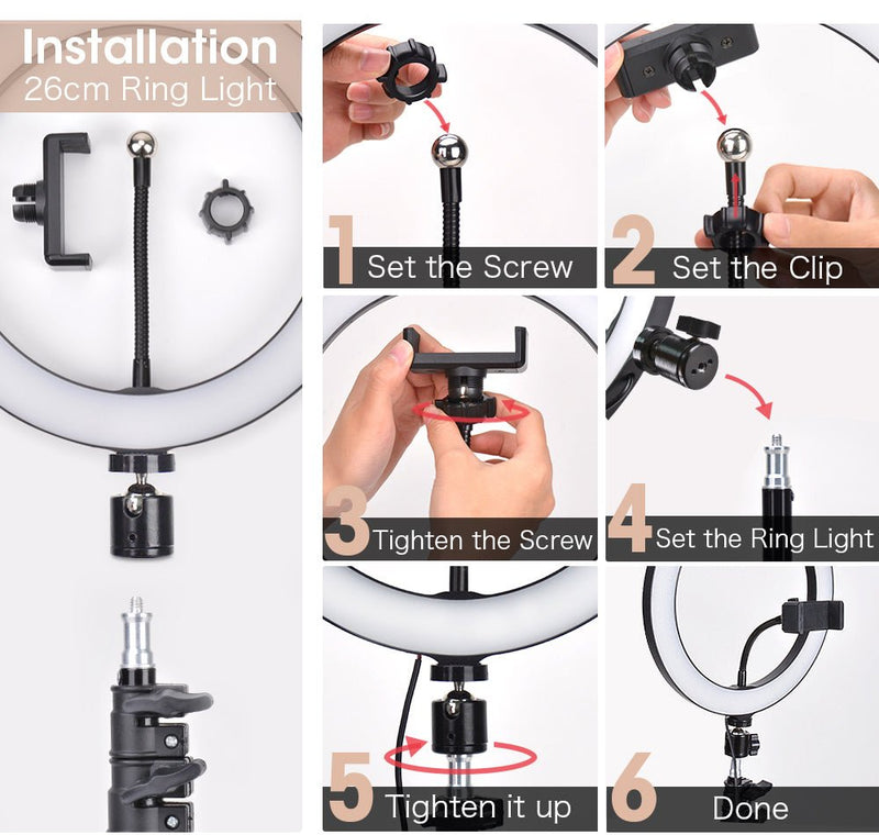 Luz LED para fotografia, anel de luz para selfie, lâmpada com tripé para suporte de telefone, lâmpada fotográfica, anel de luz para transmissão de vídeo ao vivo - SHAMYS ONLINE SHOPPING