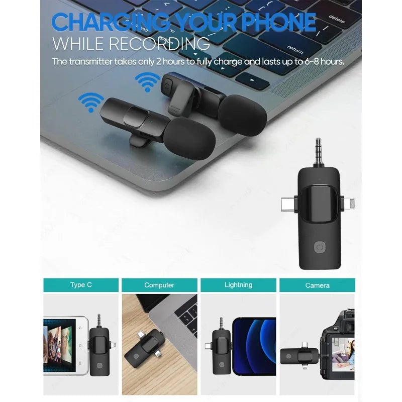 Microfone de lapela sem fio profissional 4 em 1 para iPhone Android 3,5 mm para gravação de rádio ao vivo com redução de ruído Mini Microfone - SHAMYS ONLINE SHOPPING
