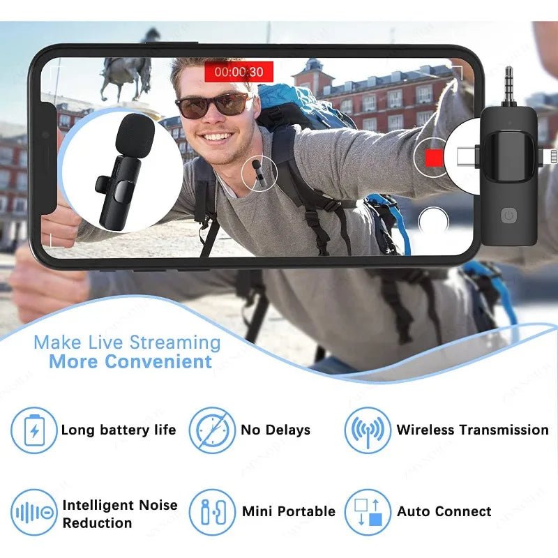 Microfone de lapela sem fio profissional 4 em 1 para iPhone Android 3,5 mm para gravação de rádio ao vivo com redução de ruído Mini Microfone - SHAMYS ONLINE SHOPPING