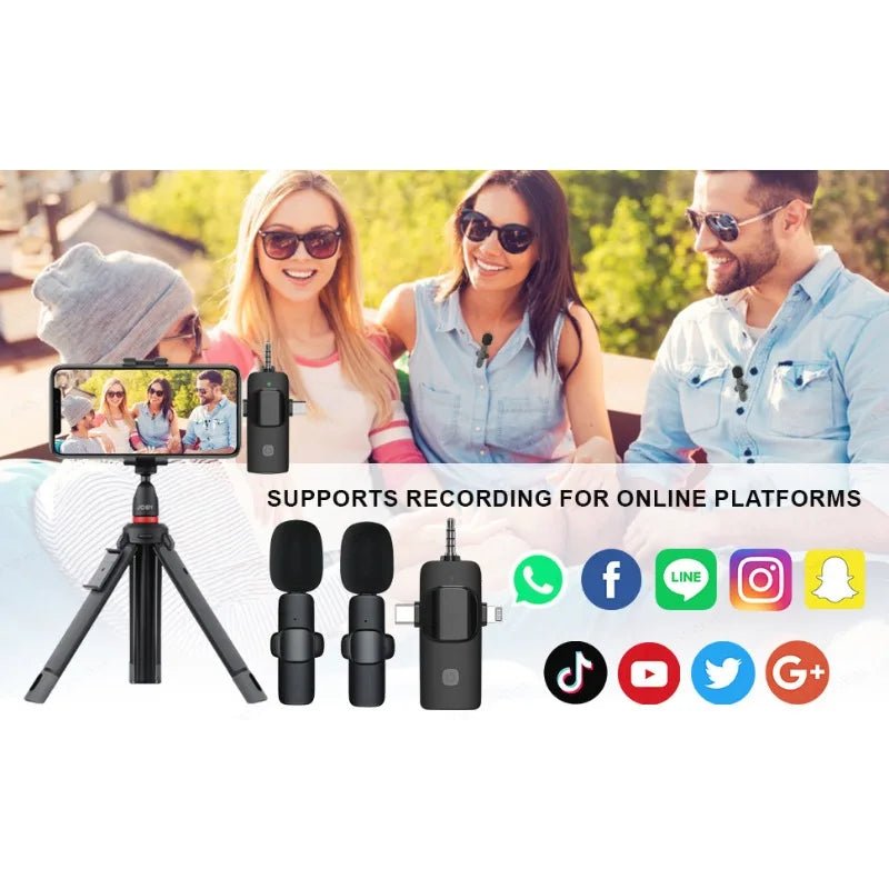 Microfone de lapela sem fio profissional 4 em 1 para iPhone Android 3,5 mm para gravação de rádio ao vivo com redução de ruído Mini Microfone - SHAMYS ONLINE SHOPPING