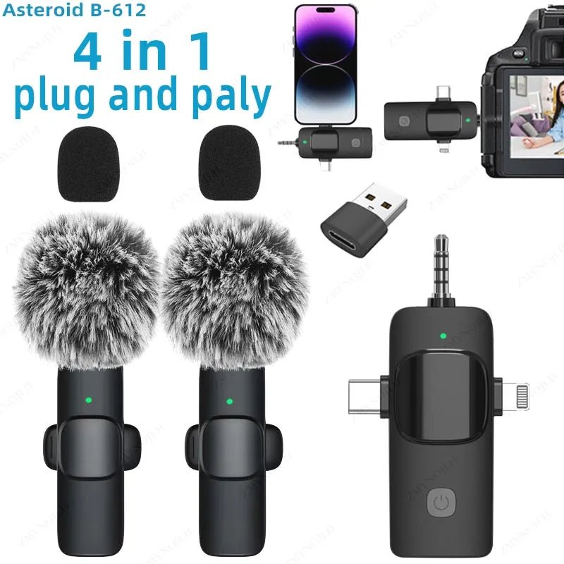 Microfone de lapela sem fio profissional 4 em 1 para iPhone Android 3,5 mm para gravação de rádio ao vivo com redução de ruído Mini Microfone - SHAMYS ONLINE SHOPPING