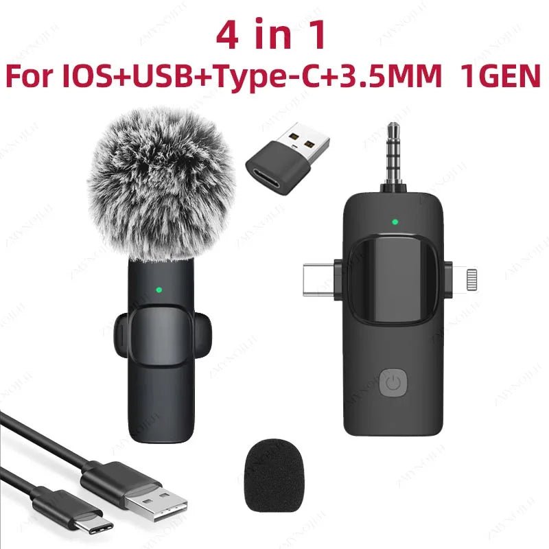 Microfone de lapela sem fio profissional 4 em 1 para iPhone Android 3,5 mm para gravação de rádio ao vivo com redução de ruído Mini Microfone - SHAMYS ONLINE SHOPPING