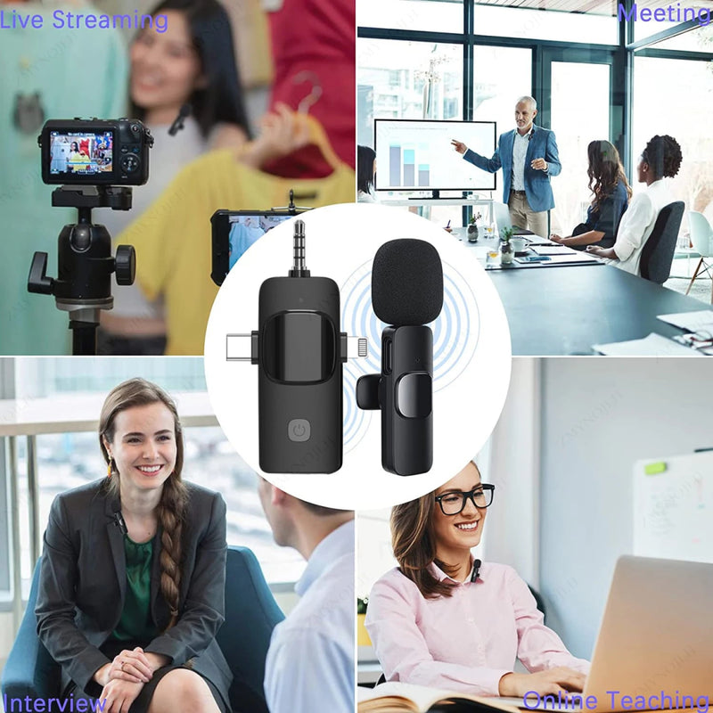 Microfone de lapela sem fio profissional 4 em 1 para iPhone Android 3,5 mm para gravação de rádio ao vivo com redução de ruído Mini Microfone - SHAMYS ONLINE SHOPPING