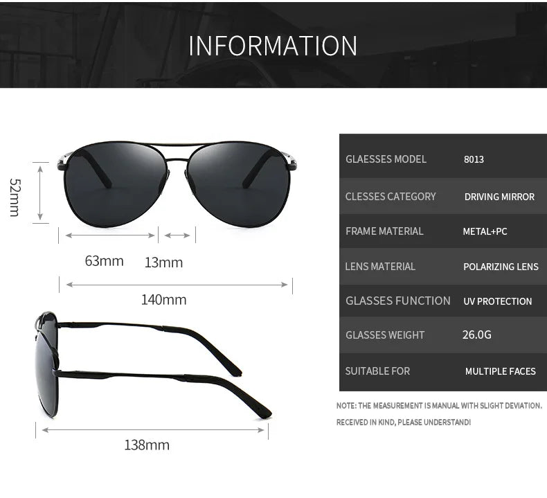 Óculos de sol polarizados com armação de metal modelo aviador, visão diurna e noturna, para dirigir - SHAMYS ONLINE SHOPPING