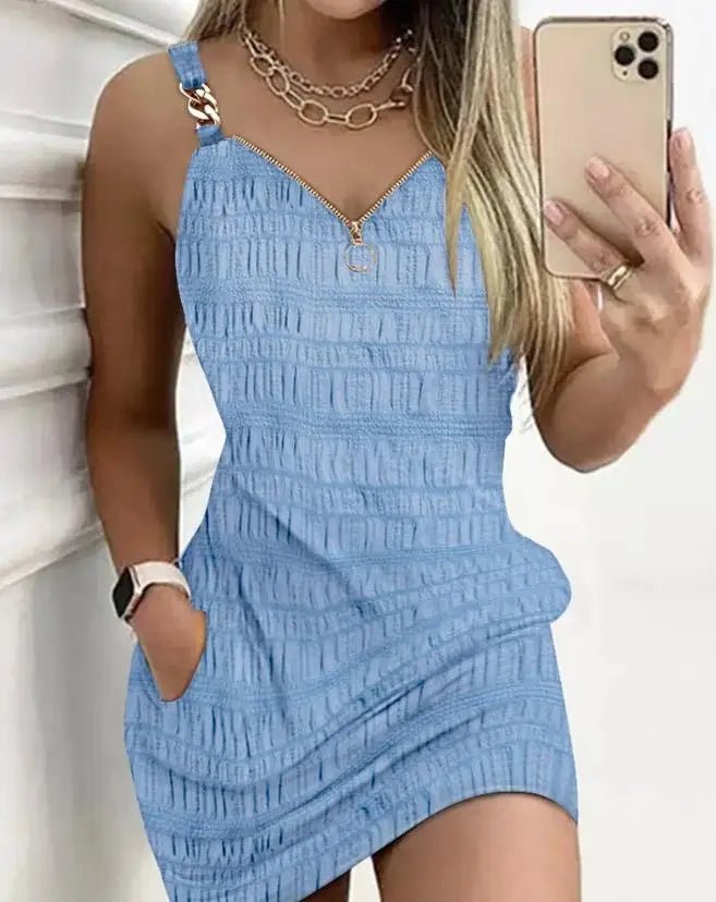 Vestidos elegantes para mulheres sexy decote em V zíper design texturizado suspensório mini vestido nova moda 2025 - SHAMYS ONLINE SHOPPING