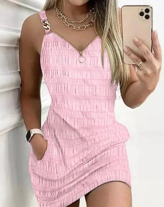 Vestidos elegantes para mulheres sexy decote em V zíper design texturizado suspensório mini vestido nova moda 2025 - SHAMYS ONLINE SHOPPING