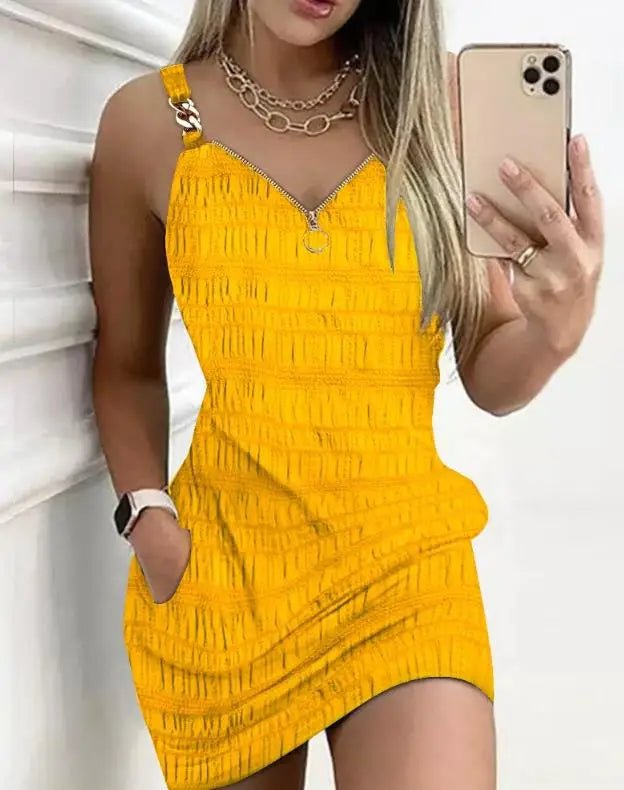 Vestidos elegantes para mulheres sexy decote em V zíper design texturizado suspensório mini vestido nova moda 2025 - SHAMYS ONLINE SHOPPING