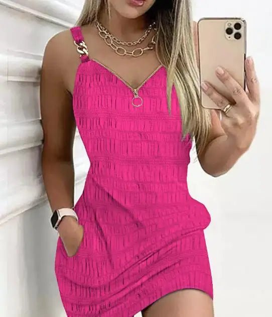 Vestidos elegantes para mulheres sexy decote em V zíper design texturizado suspensório mini vestido nova moda 2025 - SHAMYS ONLINE SHOPPING