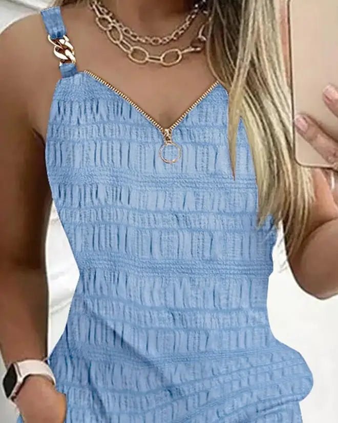 Vestidos elegantes para mulheres sexy decote em V zíper design texturizado suspensório mini vestido nova moda 2025 - SHAMYS ONLINE SHOPPING